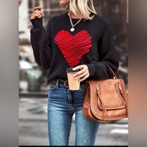 Heart pattern drop shoulder sweater